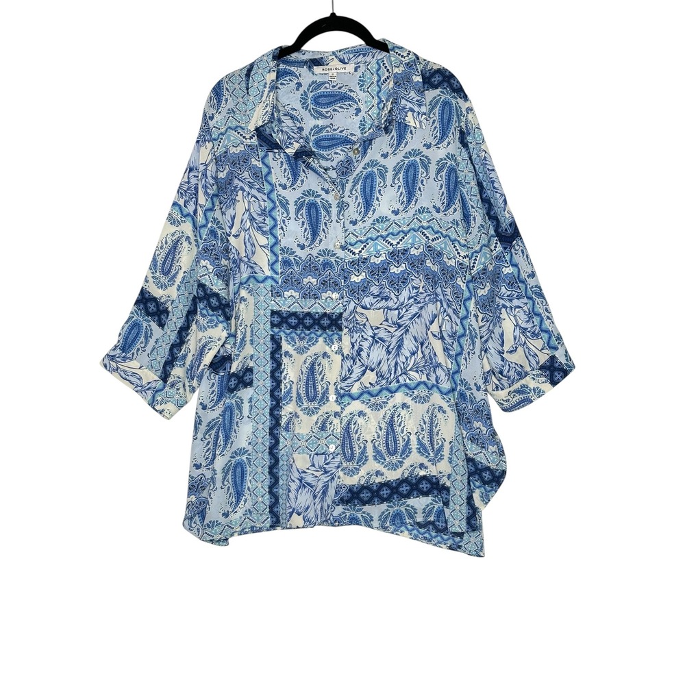 Rose & Olive Paisley Patchwork Print Button Down Blouse 1X Cottagecore Blue
